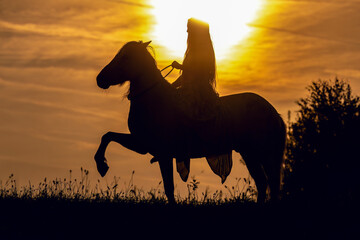 A female equestrian and her horse interacting together. Romantic freedom sunset scene