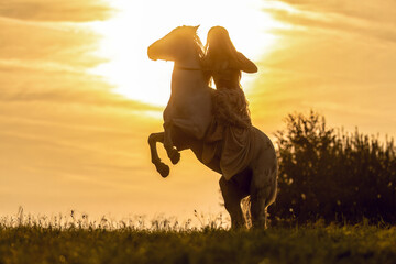 A female equestrian and her horse interacting together. Romantic freedom sunset scene