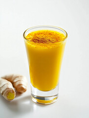 A glass of yellow liquid with a sprinkle of cinnamon on top
