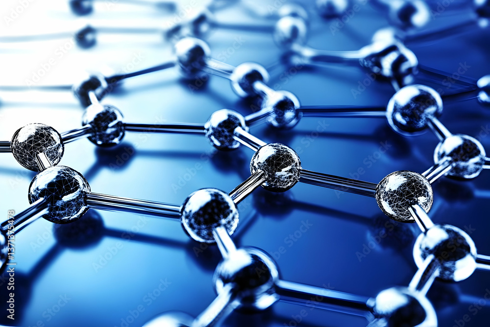 Poster abstract 3d render of molecular structure with blue and metallic spheres