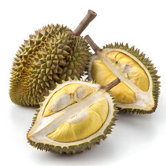 Naklejka premium Fresh Ripe Durian Fruit Whole and Sliced on White Background