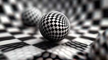 Abstract scene featuring checkered spheres on a warped checkered surface with depth