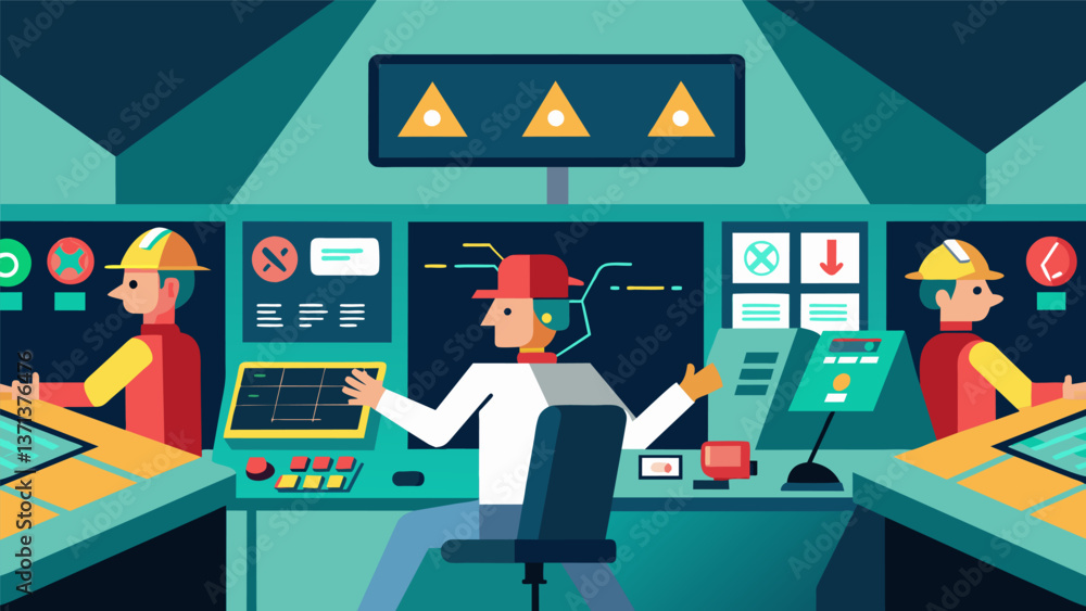 Poster a glimpse of the control room during an emergency shutdown with alarms blaring and workers quickly t