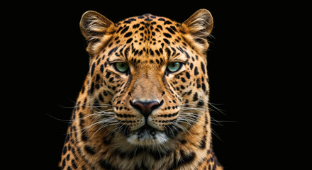 A stunning portrait of an Amur leopard, isolated on a black background, emphasizing the magnificence of this endangered species and the need for wildlife conservation.

