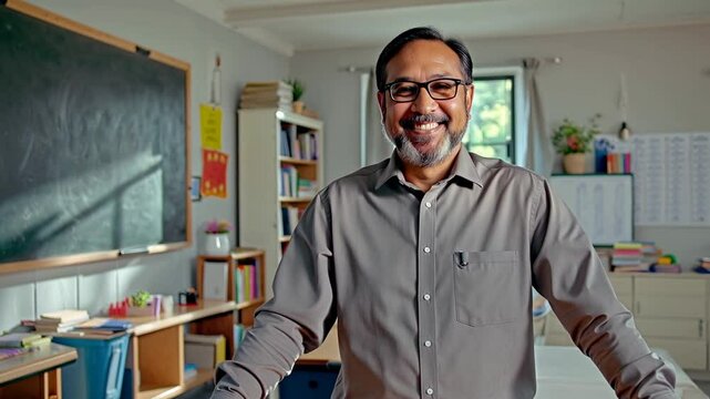 Un profesor sonriente sobre su mesa en un aula del colegio