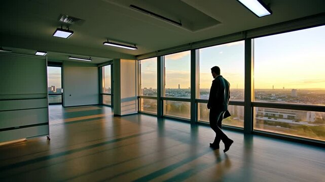 hombre empresario emprendedor en una oficina vac&iacute;a al atardecer para su futura empresa. Camina lentamente por la habitaci&oacute;n, con las manos sujetando una carpeta, observando los amplios ventanales