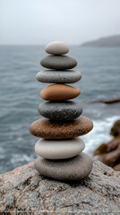 Tranquil Balance: Stacked Pebbles on Coastal Beach with Gray Stones for Nature Serenity and Zen Meditation