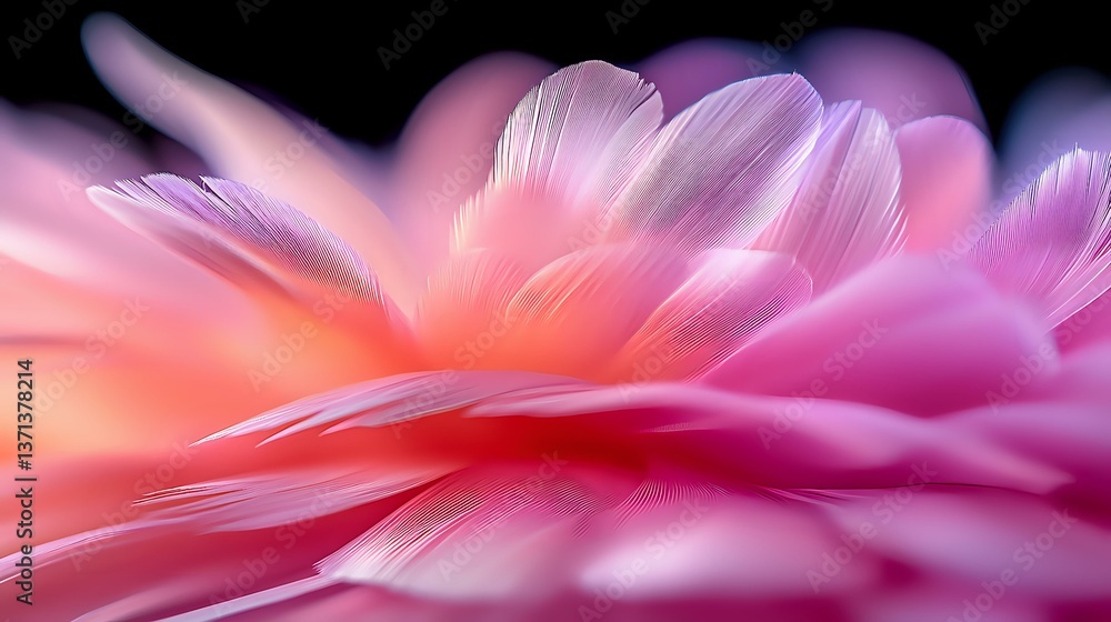 Poster delicate pink and coral feathers create dreamy macro texture with soft focus bokeh effect, showcasin