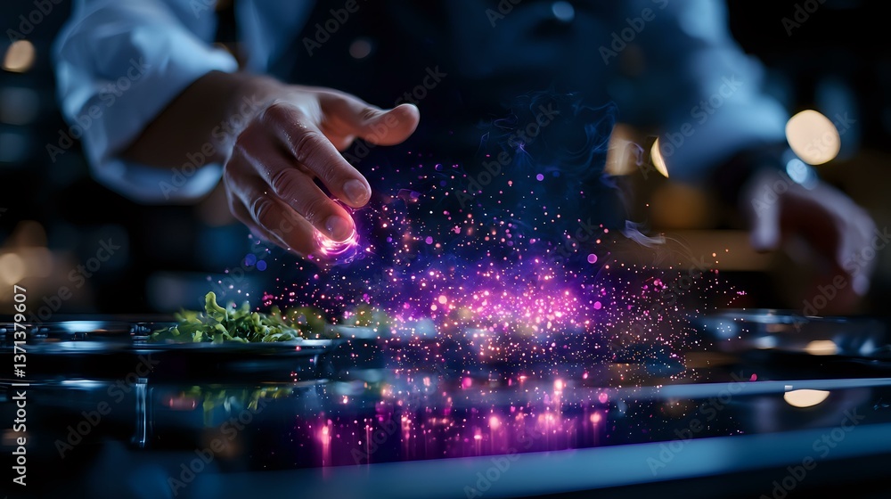 Poster magical glowing purple dust particles floating between hands in dark setting with reflective surface