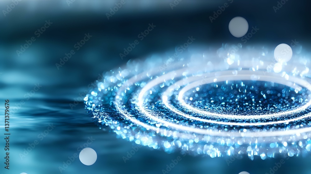 Poster glowing spiral of light particles creating dynamic motion trail against dark blue background, abstra