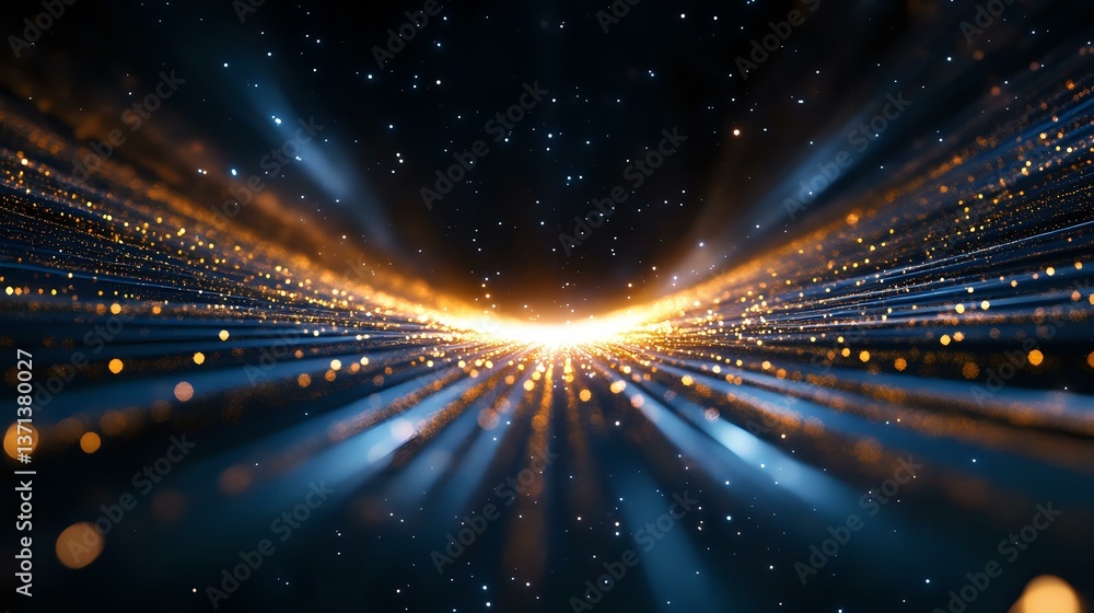 Poster glowing light rays burst from bright center point with blue and orange bokeh particles against dark 