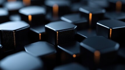 Obraz premium Close-up view of interlocking hexagonal black tiles with subtle lighting effects, showcasing texture