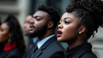 Obraz premium Group of individuals passionately singing in formal attire during an outdoor event, with a city backdrop