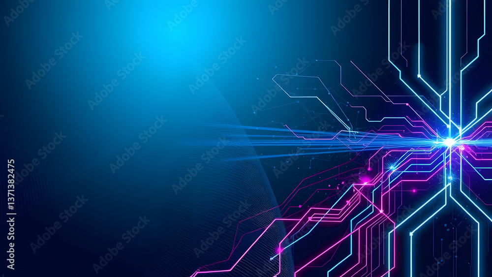 Poster glowing circuit lines converge into a central light source against a gradient blue background