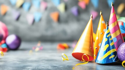 Colorful party hats and decorations on a textured surface