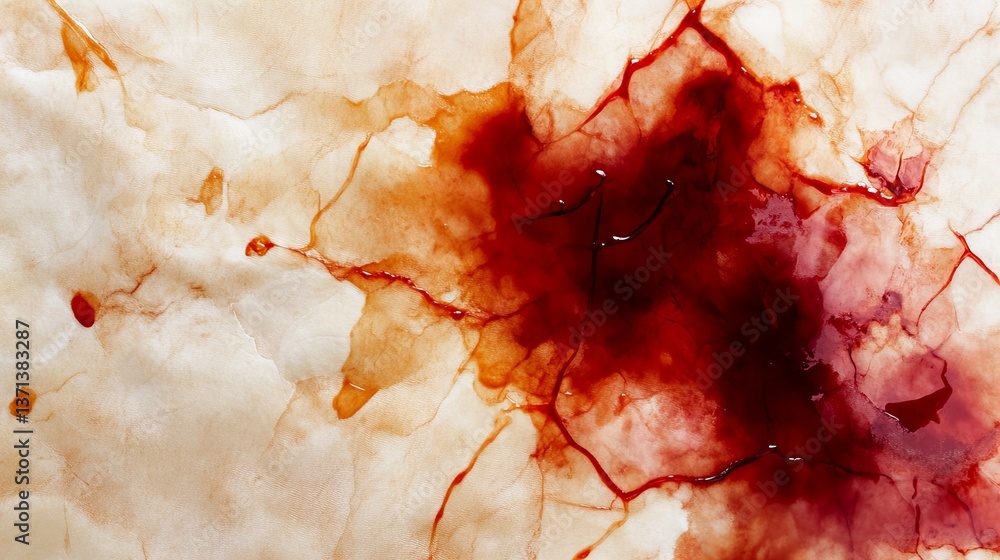 Poster blood is splattered across a pale surface, creating a visceral and abstract pattern of crimson and l