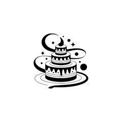 Elegant Black and White Tiered Cake Illustration with Festive Elements