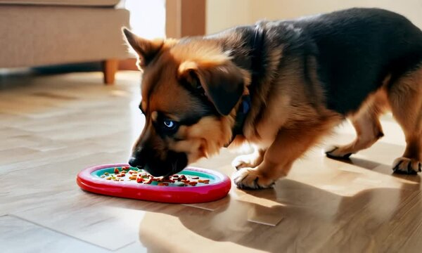 cute German shepherd puppy using lick mat attached to the floor for eating food slowly. snack mat, licking mat for cats and dogs