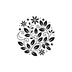 Minimalist Floral Circle Logo: Black Leaves & Flowers on White