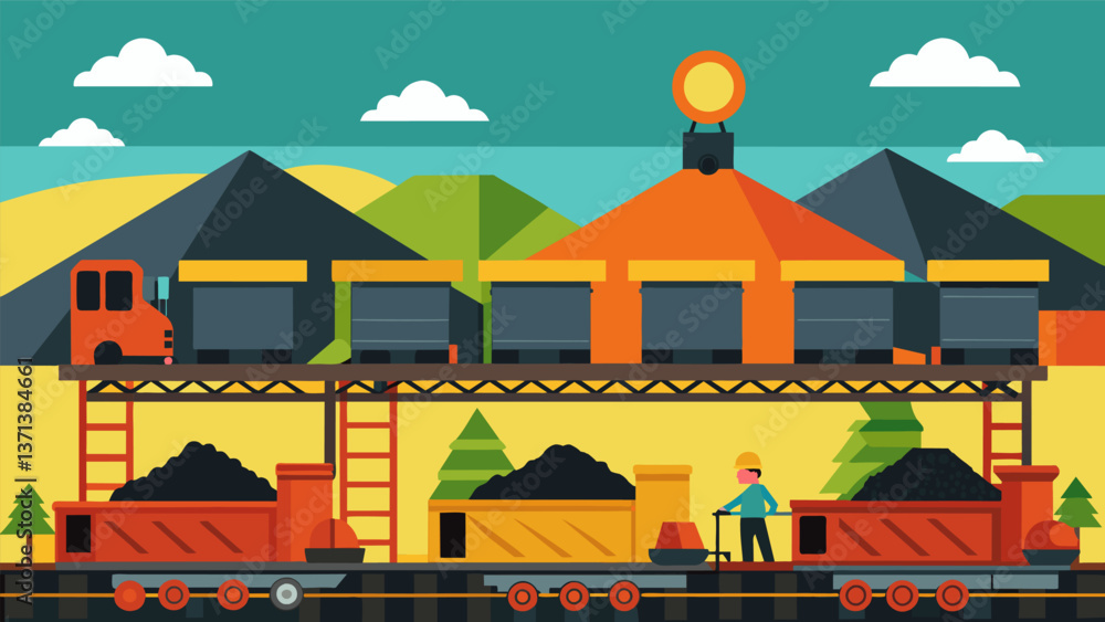 Poster a bustling loading station with multiple hoppers lined up on train tracks each being filled with coa