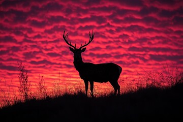 Fototapeta premium A majestic deer stands silhouetted against a vibrant sunset sky