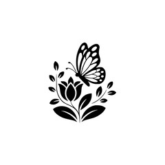 Elegant Butterfly and Floral Silhouette, Black and White Vector Design