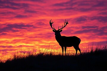 Majestic deer silhouette standing on a hill at colorful sunset