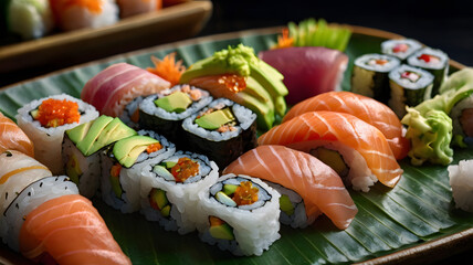 A beautifully arranged sushi platter with various types of sushi including salmon, tuna, and avocado rolls, garnished with fresh wasabi and pickled ginger. 