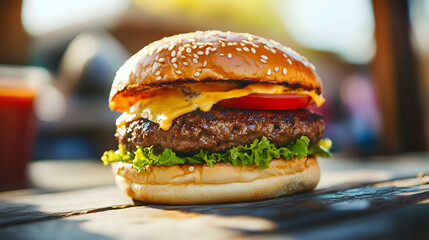 Juicy Cheeseburger with Lettuce and Tomato on Wooden Table