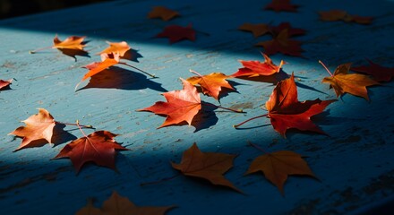 Fall Leaves on Blue Background