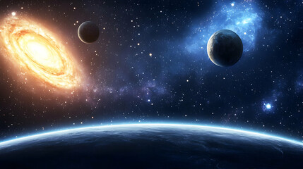 Digital 3D Render of Space Galaxy Planets and Stars in a Blue and Orange Cosmic Background