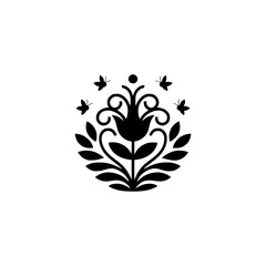 Black Floral Motif with Butterflies on White Background