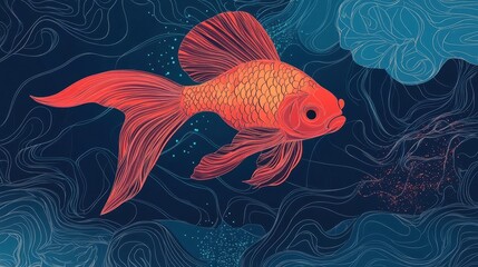 Fototapeta premium An orange goldfish gracefully swimming against a dark blue aquatic background
