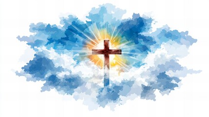 Brown cross stands surrounded by radiating light and blue watercolor clouds in a digital illustration.