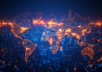 Illuminated Global World Map Depicting Cities and Digital Connections