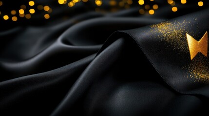 Elegant black fabric draped with golden sparkles and soft bokeh lights in the background