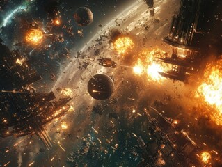 space battle over a habitable world with a floating space station, exploding meteors, and swirling galaxies