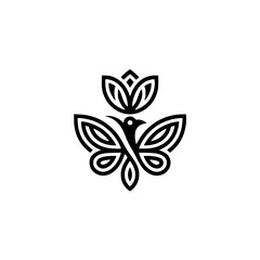 Fototapeta premium Minimalist Bird-Butterfly-Flower Logo Design, Black & White, Nature Symbol