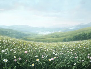 Obraz premium Idyllic Flower Meadow and Rolling Green Hills Landscape on a Foggy Morning