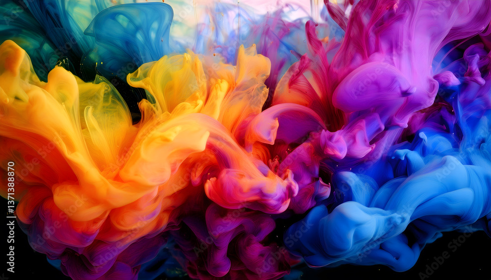 Poster vibrant swirls of colored ink blend in water, creating a dynamic, abstract composition with a soft, 
