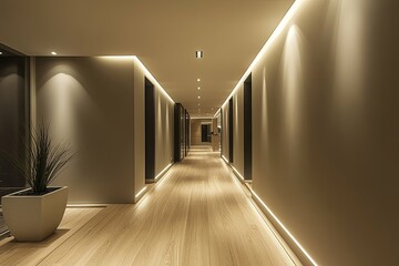 A modern hallway features wood flooring and ambient lighting on walls