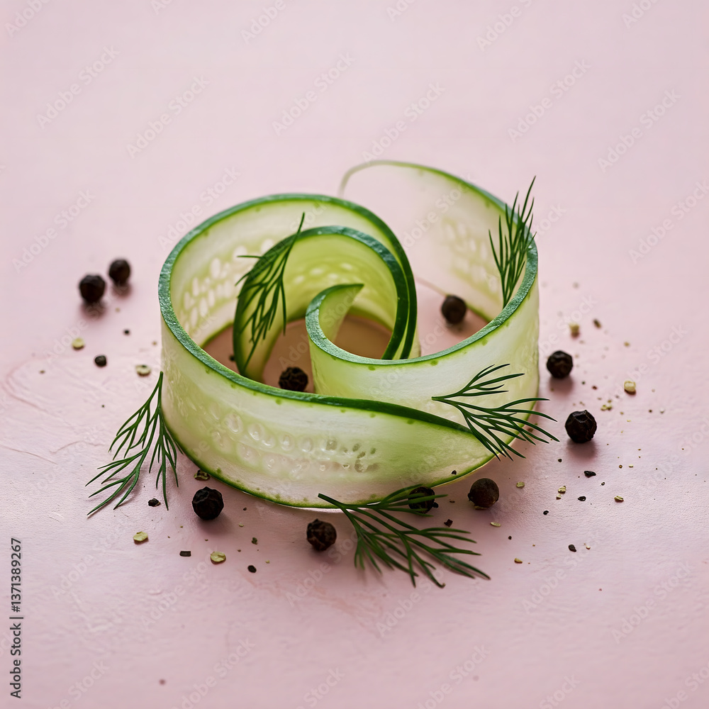 Poster a close-up of a cucumber slice coiled into a spiral shape, with dill sprigs and peppercorns on a pin