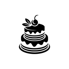 Minimalist Black Cake Icon with Cherry and Leaves