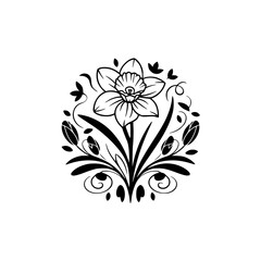 Elegant Daffodil Flower Line Art Emblem on White, Minimalist Design