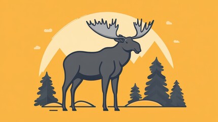 An illustrated gray moose standing amongst trees and mountains