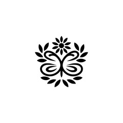 Elegant Floral Emblem with Butterfly Symmetry on White Background