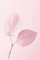 Minimalist line art with light pink of two leaves on a white background, light pink