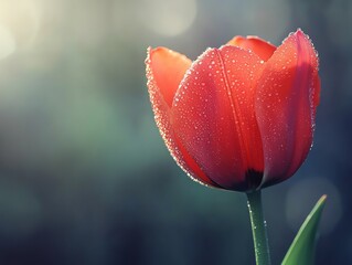 Red Tulip Flower with Water Droplets Blooming in Soft Sunlight