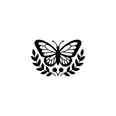 Elegant Butterfly Emblem with Foliage, Black & White Silhouette