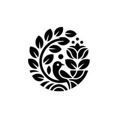 Minimalist Bird & Floral Logo Design: Black & White Vector Ornament